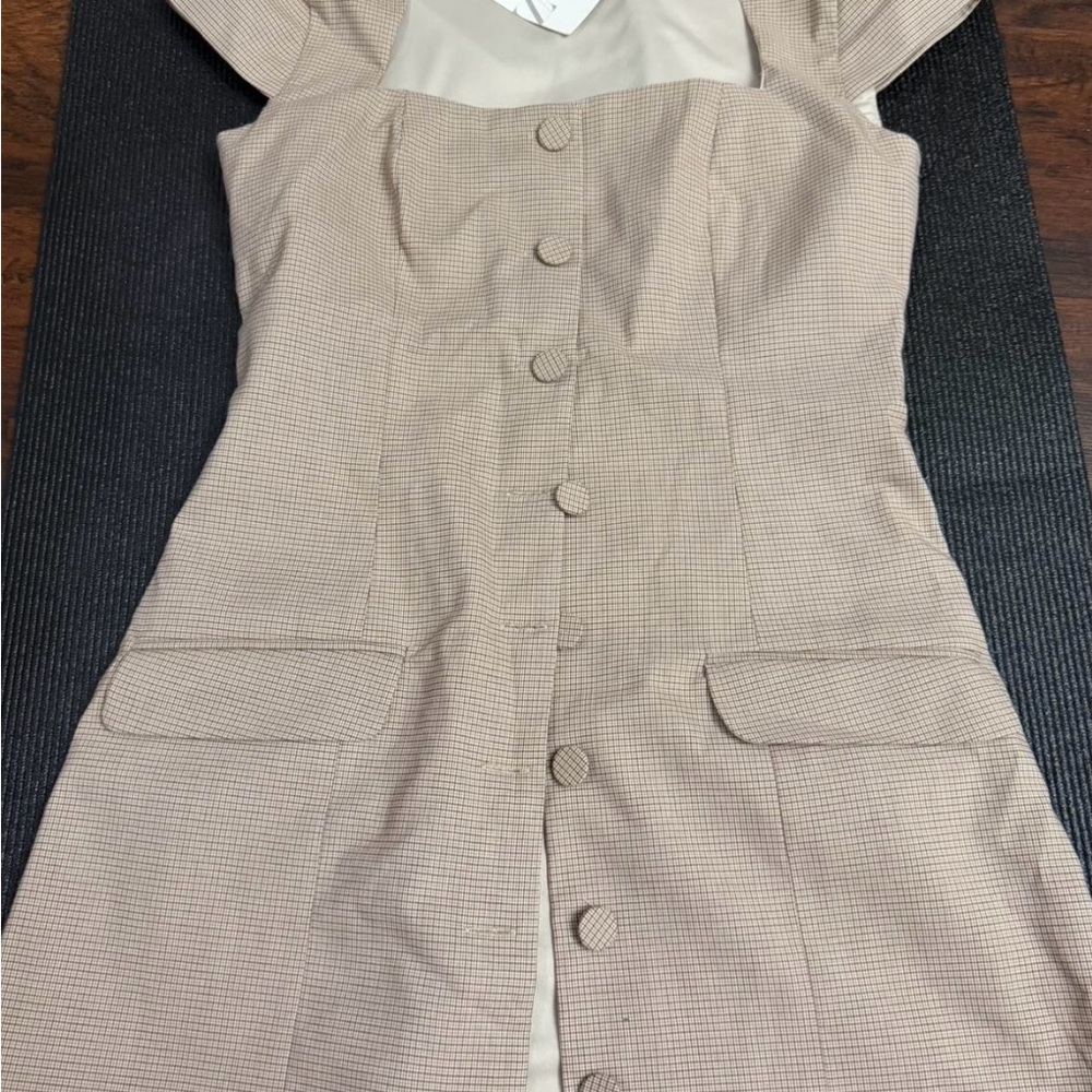 Zara Beige Check Cap-Sleeve Button-Front Mini Dress